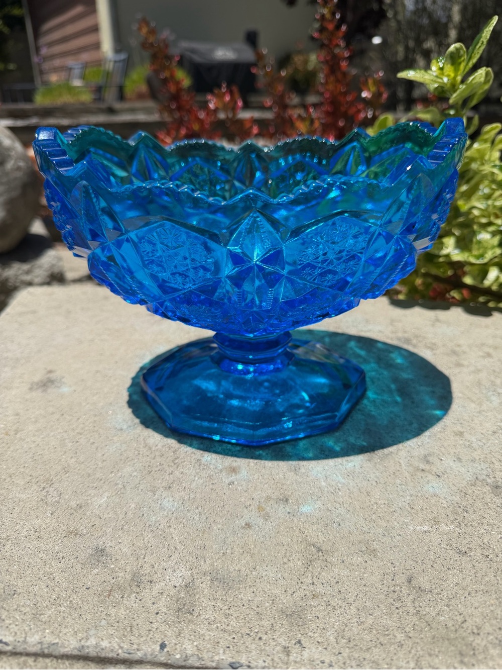 Vintage 1950s Kemple Glass Toltec Blue Compote Fruit
Bowl Mid Century